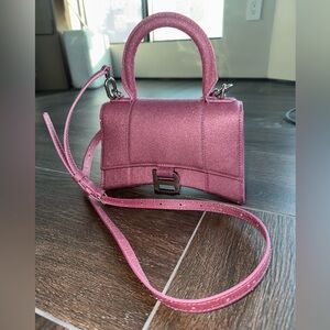 BALENCIAGA Sweet Pink Metallic Coated Canvas Hourglass XS Top Handle Bag RARE